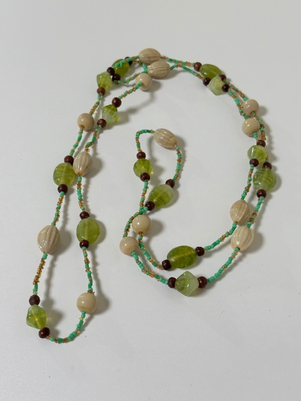 Unique Hand Beaded Glass Bead Necklace 23.5" Full Length Greens Brown Beige